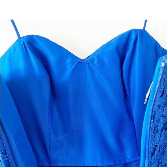 DAVID’S BRIDAL Floral Lace Ruched Dress Horizon Blue Bridesmaid Cocktail - Picture 5 of 11